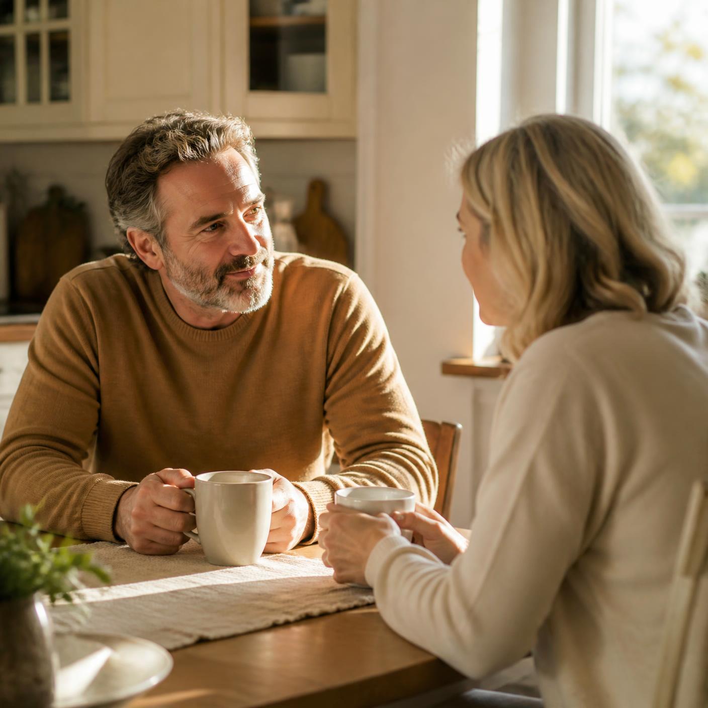Supportive conversation between two adults in a home kitchen