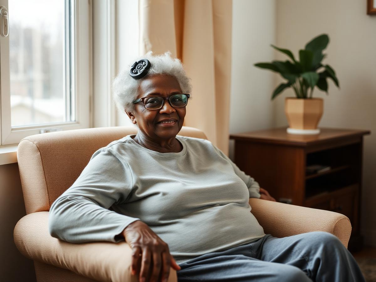 An older adult sitting comfortably in a living room chair